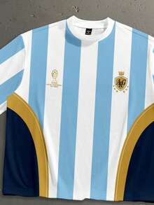 StoneGrade Camiseta de la Selección Nacional de Fútbol de Argentina para la Copa del Mundo, Camiseta de Manga Corta Estampada Casual para Hombres de Talla Estándar con Hombros Caídos y Ajuste Holgado - Azul y blanco - Ver 2