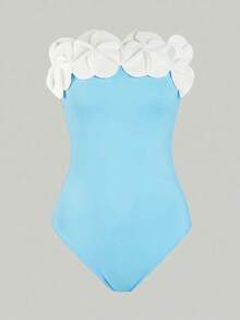 Swim Chiccia 女款純色抹胸 3D 花卉連身泳衣，適合夏季海灘度假 - 藍色 - 查看 3