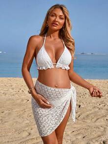 SHEIN Maternity Solid Color Beach Family Vacation Swimwear Set Summer - White - View 3