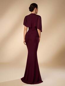 Aureia 2026 Nuovo Elegante Abito Lungo Rosso Angola Romantico in Rete Lussuoso con Decorazioni di Perline e Diamanti Arricciati Vestibilità Slim Bodycon per Donne Matrimoni Eventi Tutte le Occasioni Formali Sposa Madre Abito da Sera - Bordò - Visualizzare 3