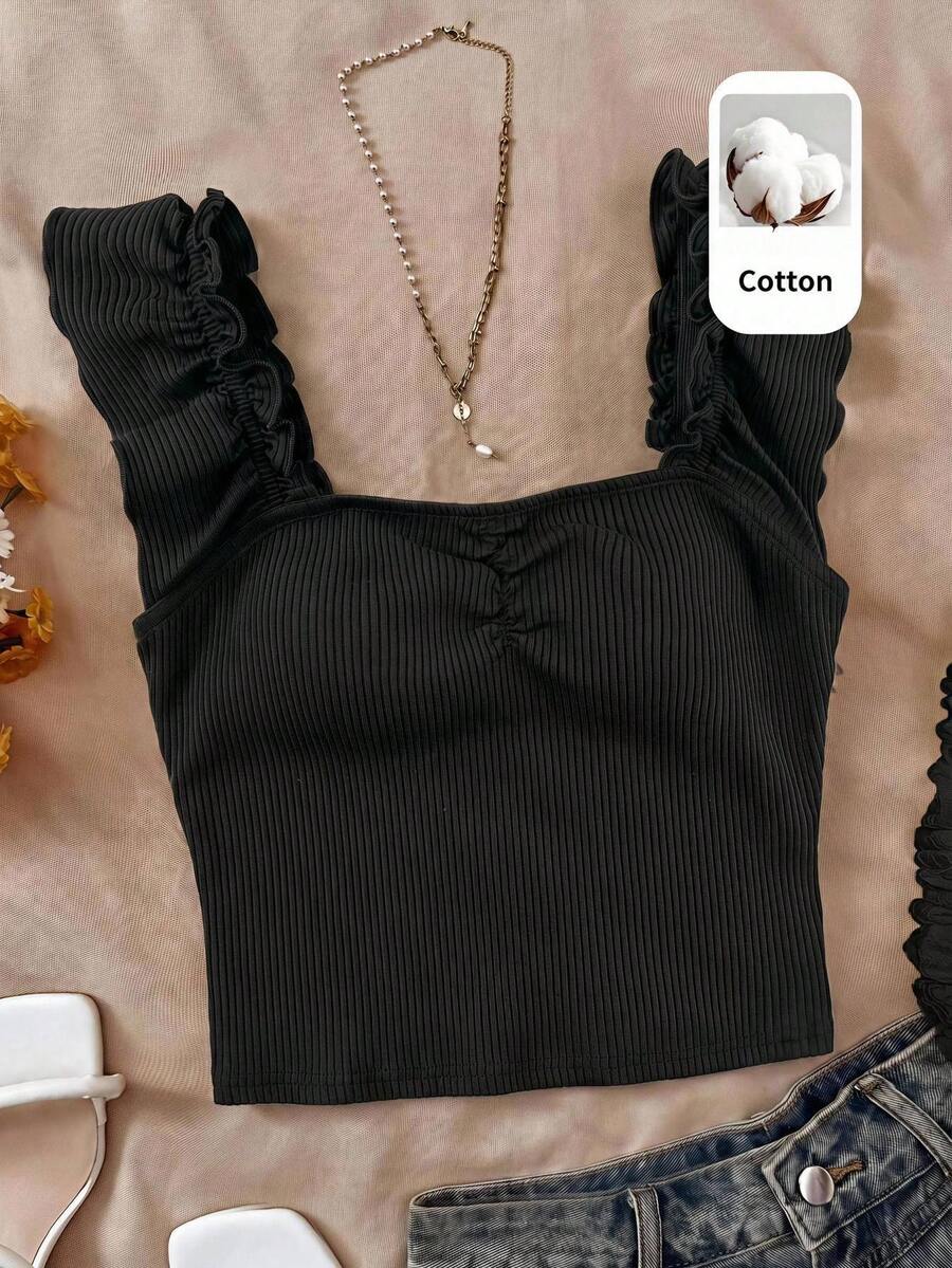 SHEIN Camiseta casual de punto de color liso con cuello cuadrado y volantes para adolescente - Negro - Ver 1