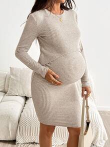 SHEIN Women's Maternity Brown Crew-Neck Long-Sleeve Slim-Fit Casual Soft Form Dress Nursing Function Autumn Homewear Breastfeeding Postpartum - Khaki - View 3