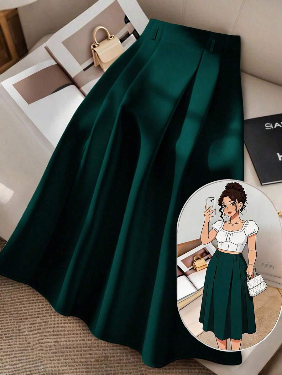 GlowEve CURVE Plus Size Women Elegant Solid Color Umbrella Green Skirt Teal - Dark Green - View 1