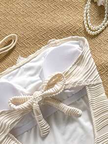 Bonvoyette Women's Summer New Solid Color Coffee Fabric Starfish Pearl Decor One-Piece Swimsuit, Suitable For Beach Vacation, Date Party, Slim Fit Sexy Swimsuit, Side Bow Tie Swimsuit, Strapless Bandeau One-Piece Swimsuit, 3D Floral Decoration - Beige - View 6