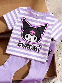 HELLO KITTY AND FRIENDS | SHEIN 女嬰夏季休閒可愛卡通印花圓領短袖T恤與喇叭褲套裝 - 彩色 - 查看 3