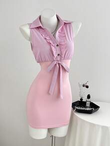 Elamini Vestido ajustado para mujer estilo sexy y puro deseo, primavera/verano, con camisola sin mangas, volantes plisados, lazo con nudo, tejido de punto y patchwork de tela tejida a rayas rosas - Rosa - Ver 3
