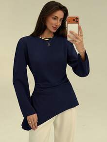 Aloruh Women's Casual Design Asymmetric Hem Long Sleeve Boat Neck Blouse, Versatile Elegant Navy Blue Shirt For Daily Commute And Outings Work Autumn - Navy Blue - View 4