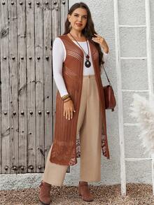 EMERY ROSE Plus Size Women's Solid Color Hollow Design Long Sleeveless Thin Cardigan For Vacation - Coffee Brown - View 3