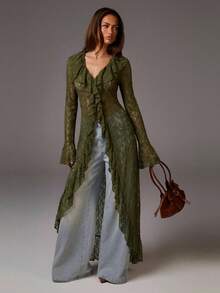 Athîral Vestido largo elegante de unicolor con volantes de encaje para mujer - Verde Gris - Ver 3