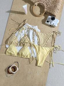 Swim Mod 4件組女款掛脖綁帶小碎花比基尼泳衣，極簡時尚海灘度假風 - 彩色 - 查看 2
