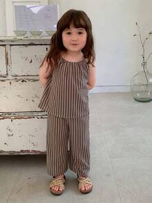 DAZY 女嬰簡單條紋上衣與寬鬆長褲套裝 夏季幼兒 - 灰色 - 查看 5