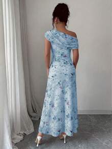 Modelyn 女款粉色花卉蝴蝶印花網紗不對稱領抽褶浪漫優雅夏季中長洋裝 - 藍色 - 查看 2