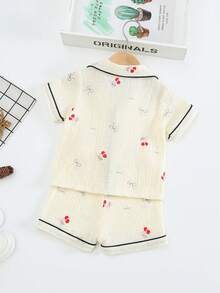 Conjunto de ropa de estar en casa de doble capa de hilo de algodón con estampado de lazos de cereza, suave & cómodo - Albaricoque - Ver 2