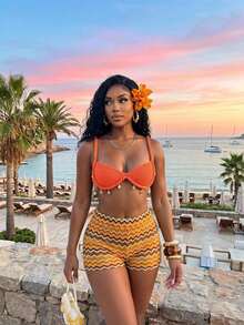 Slaydiva Bikini Top Cup-Shaped Burnt Orange Brown Striped Twisted Shoulder Straps Shell Woven Belts Beach Vacation Holiday Wear Two Pieces Set Summer Sexy - Orange - View 13