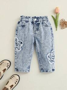 SHEIN Playful Pals Baby Girl Denim Long Pants Casual Cute Vintage Star-Shaped Loose Waist Design Blue Jeans, Suitable For Summer Outdoor Wear And Daily Wear - Blue - View 3