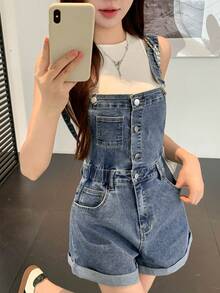 DAZY Quần yếm short denim nữ mùa hè ống rộng, gấu xắn, mài rách, màu xanh wash, phong cách Y2K - Màu xanh lam - Xem 6