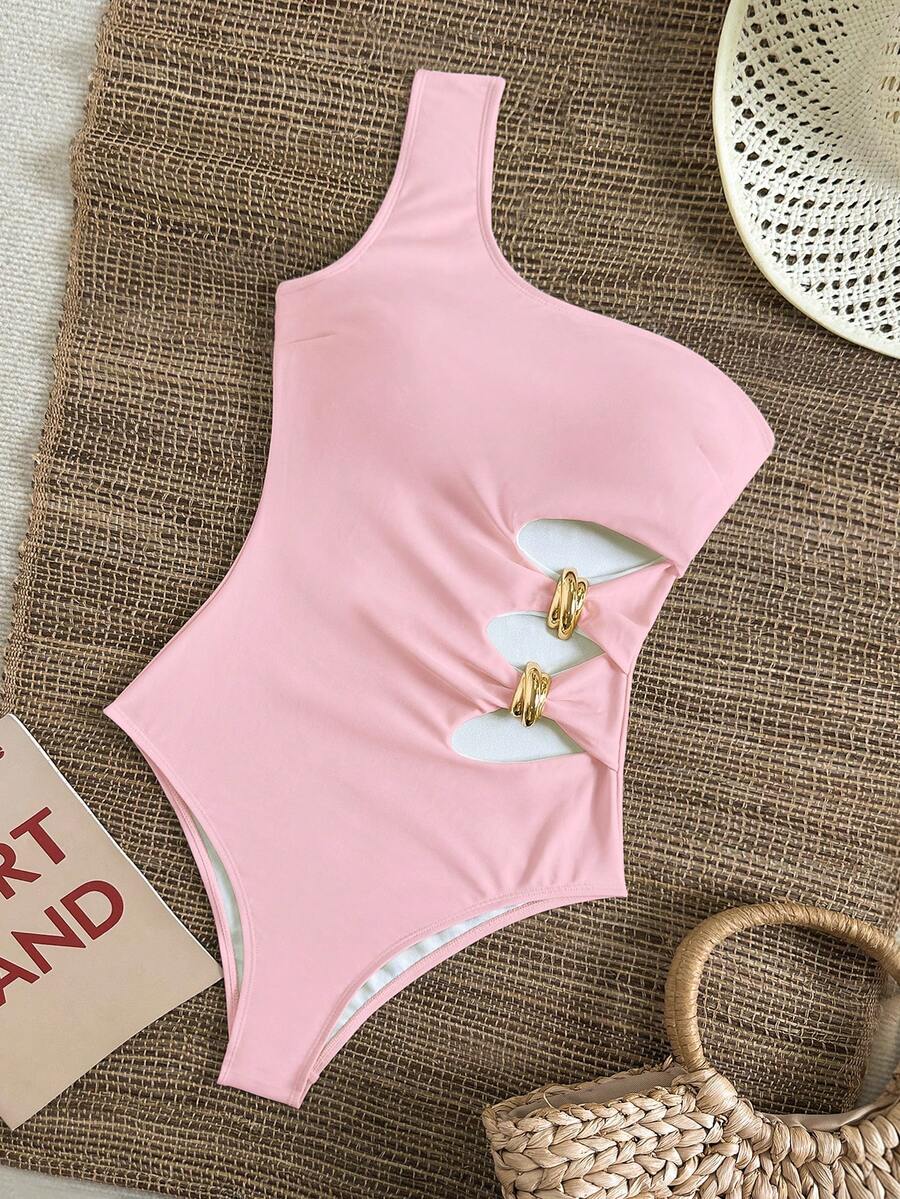 SHEIN Swim 純色單肩綁帶挖腰金屬飾飾優雅度假女款連身泳衣 - 粉色 - 查看 1