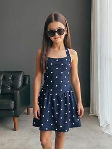 Firerie Kids Firerie Kids Tween女孩休閒度假風海軍藍波點掛脖A字可愛洋裝 - 藏蓝色 - 查看 1