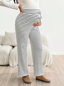 SHEIN Umstandshose mit verstellbarem Bund, Cartoon-Bären-Patch, gestreift, lässig, Schlaghose - Schwarz und Weiss - Übersicht 5