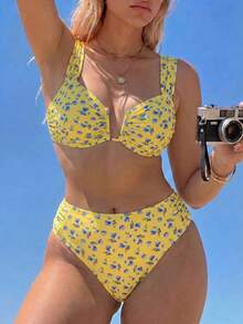 Swim Mod 2026 New Plus Size 2-Piece Bikini Set Set, Yellow Base With Random Blue Ditsy Floral, V-Neck U-Back Design, Suitable For Beach & Resort Wear - Multicolor - View 6