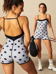 VARSIVA Polka Dot Print Backless Spaghetti Strap Sports Romper - Multicolor - View 5