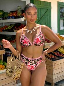 Swim Vcay Plus Size Women's Sexy Tropical Tropical Leopard Print Two Pieces Bikini Set, Contrast Trim Triangle Cup Swimwear, Suitable For Beach Vacation, Summer - Pink - View 3