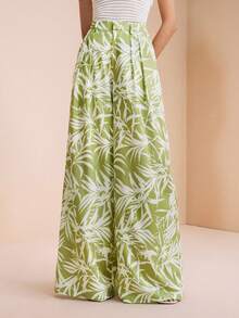 Breezaya Women's Woven Casual Hawaiian Cute Floral Wide Leg Pants Vacation Beach Green And White Autumn - Multicolor - View 6