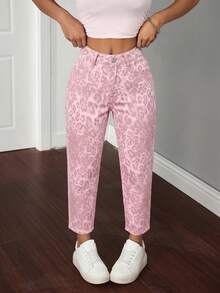SHEIN PETITE Women's Fashion Versatile Leopard Print Button Pocket Denim Jeans - Pink - View 3