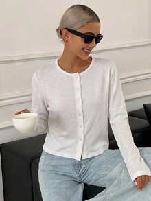 DAZY Women Round Neck Casual Loose Solid Color Open Front T-Shirt,Fall Clothes Preppy Tops Long Sleeve Women Tops - White - View 12