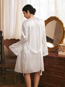 Côtesoire French Elegant Sexy Lace Patchwork Comfortable Satin Camisole Mini Nightgown And Tie-Front Robe Women's Sleepwear Set - White - View 2