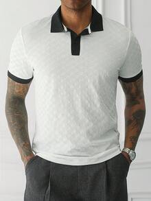 HUEFORM Men's Mature Style Rhombus Jacquard Vintage Old Money Casual Daily Commute Versatile Textured Contrast Color Collar Knit Short Sleeve Top - White - View 5
