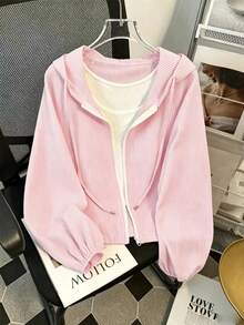 Franclia Women's Spring/Summer Thin Casual Versatile Long Sleeve Hooded Zip-Up Sun Protection Jacket - Pink - View 1