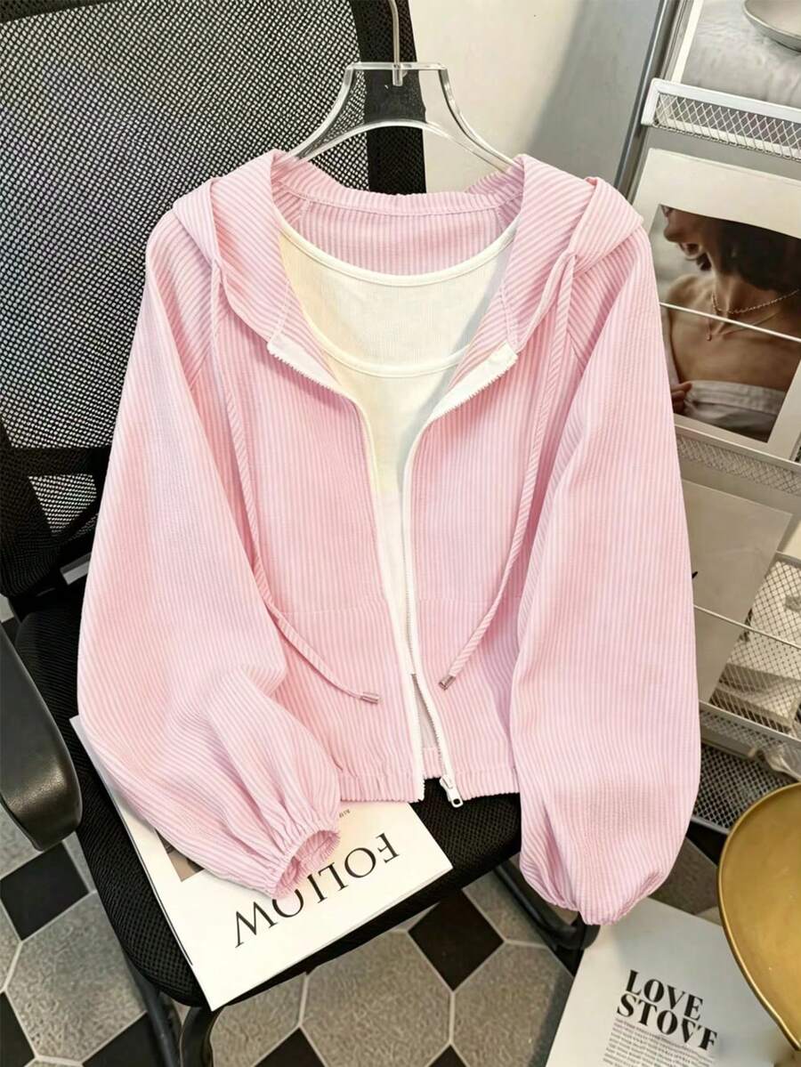 Franclia Women's Spring/Summer Thin Casual Versatile Long Sleeve Hooded Zip-Up Sun Protection Jacket - Pink - View 1