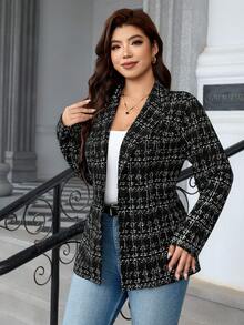 SHEIN Clasi 大尺碼女款格紋翻領長袖休閒西裝外套 - 黑色 - 查看 7
