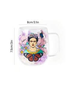 Frida Kahlo X SHEIN 1個 520ml/17.58oz 復古花卉雙層高硼矽酸鹽玻璃杯，附乾燥花裝飾，隔熱耐冷玻璃杯，適用咖啡與茶，美學藝術飲具 - 無色 - 查看 6