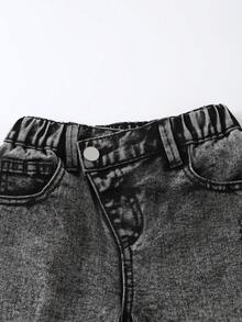 SHEIN ChillGRL 女款 Y2K 休閒日常百搭街頭風獨特不對稱彈性腰破損寬鬆直筒牛仔褲 2025 新款必備四季日常穿著熱銷款 - 淺灰色 - 查看 7