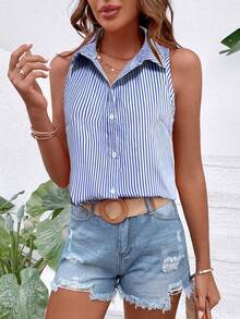 SHEIN Holidaya 藍白條紋無袖寬鬆襯衫 - 藍色 - 查看 3