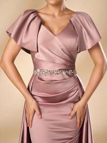 Serin Elegant Dusty Pink Satin V Neck Flutter Sleeve Rhinestone Beaded Ruched Pleated Mermaid Train Floor Length Mother Of The Bride Wedding Guest Gown - Pink - View 5