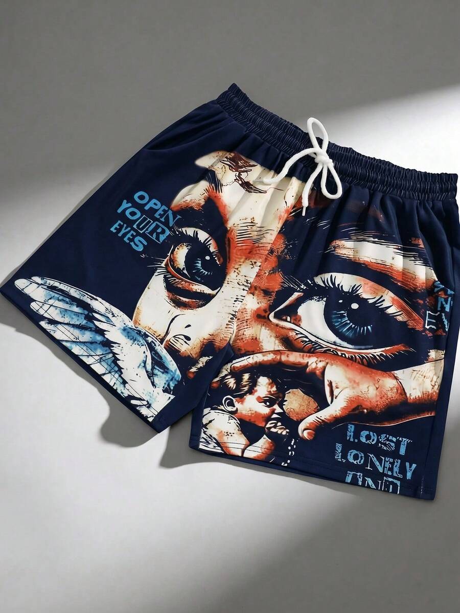 ROMWE MEN Teen Boy Street Life Character Graphic Print Drawstring Waist Casual Shorts, Suitable For Spring And Summer Wear - Navy Blue - View 1