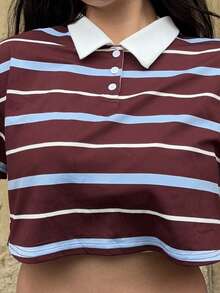 kyraskinnerx Spring Women Streetwear Going Out Back To School College Students Preppy Vintage Homecoming Y2K Casual Old Money Stretchy Striped Crop Polo Summer - Multicolor - View 6