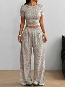 SHEIN Conjunto de 2 piezas para adolescentes con manga corta & pantalones largos, lazo rosa, adecuado para primavera/verano, deportes & desplazamientos - Multicolor - Ver 4