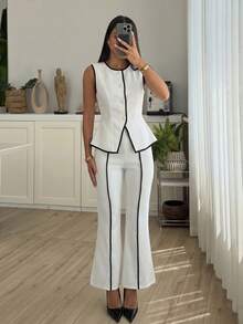 Modelyn Women's Woven Colorblock Sleeveless Vest With Flared Hem, Elegant Charming Commuter Office 2 Pieces Set - White - View 6