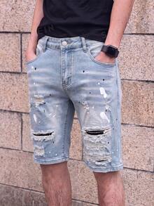 Manfinity EMRG Shorts de mezclilla casuales y versátiles para hombres, para uso diario y viajes, con bolsillo y diseño desgastado - Lavado ligero - Ver 5