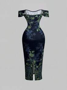 SHEIN MOD 女款露肩抓皺花卉印花優雅收腰派對洋裝 - 黑色 - 查看 2