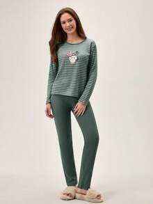 Loomlin Women 2 Pcs Rib Knit Cute Cartoon Embroidery Detail Homewear Comfort Pajama Set - Multicolor - View 5