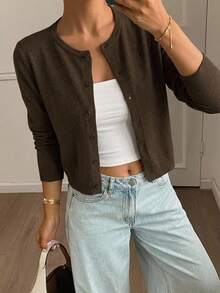 DAZY Women's Solid Color Round Neck Casual Front Button T-Shirt,Fall Clothes Preppy Tops Long Sleeve Women Tops - Coffee Brown - View 10