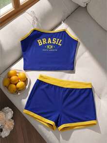 Girls Y2K Back To School Beach Summer Yellow White Set /Set - Royal Blue - View 4
