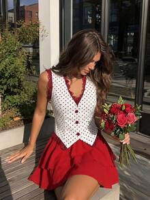 SHEIN MOD Women Polka Dot V Neck Sleeveless Short White Red Sweet Y2K Vest Going Out Party Back To School Fall Autumn - Red and White - View 1