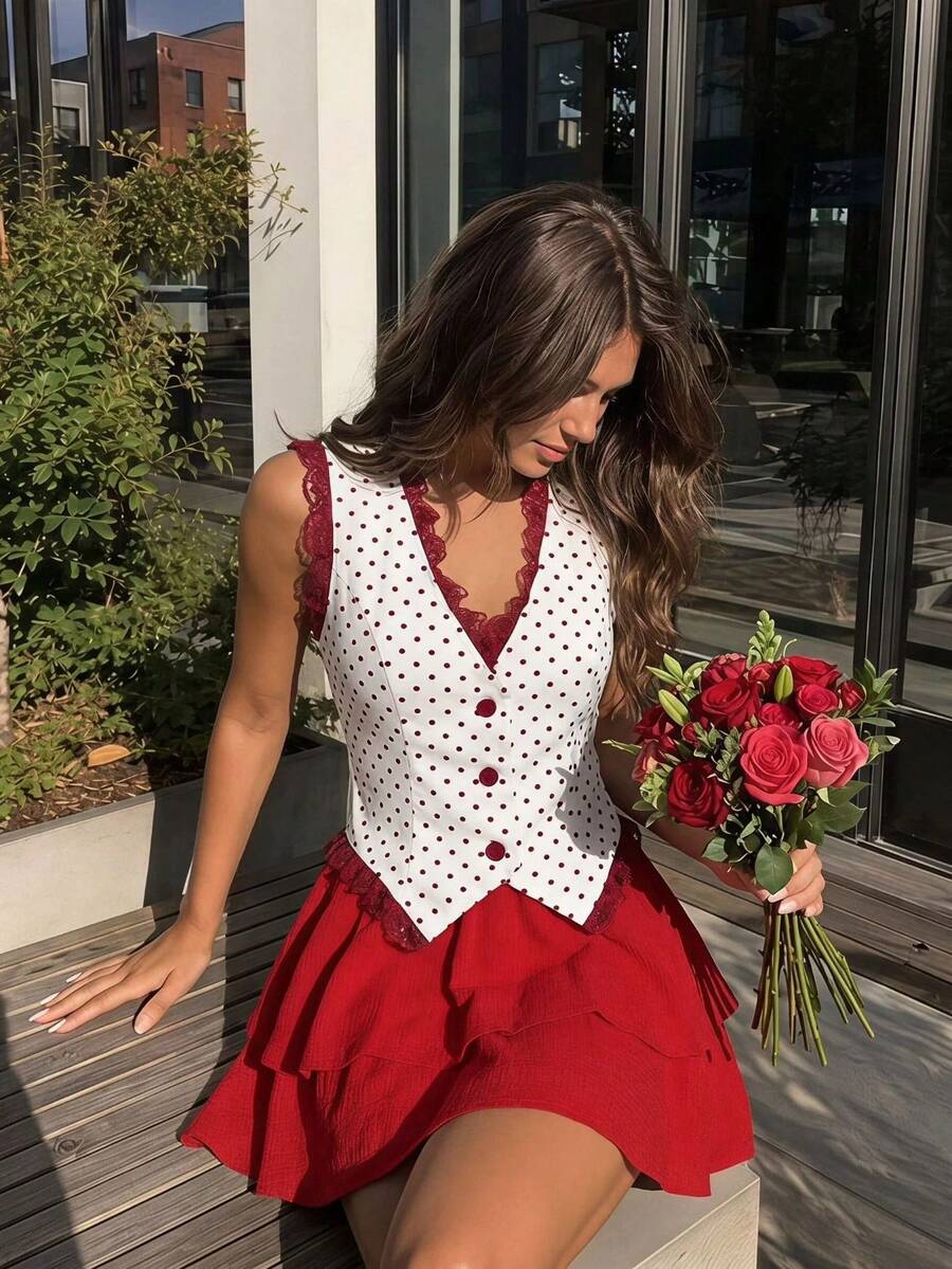 SHEIN MOD Women Polka Dot V Neck Sleeveless Short White Red Sweet Y2K Vest Going Out Party Back To School Fall Autumn - Red and White - View 1