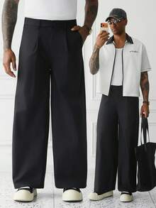 Manfinity Homme Men's Street Black Baggy Wide Leg Stiff Mature Casual Pants,Street-Style Perfect For Everyday Outings,Gifts Suitable For A Husband - Black - View 1